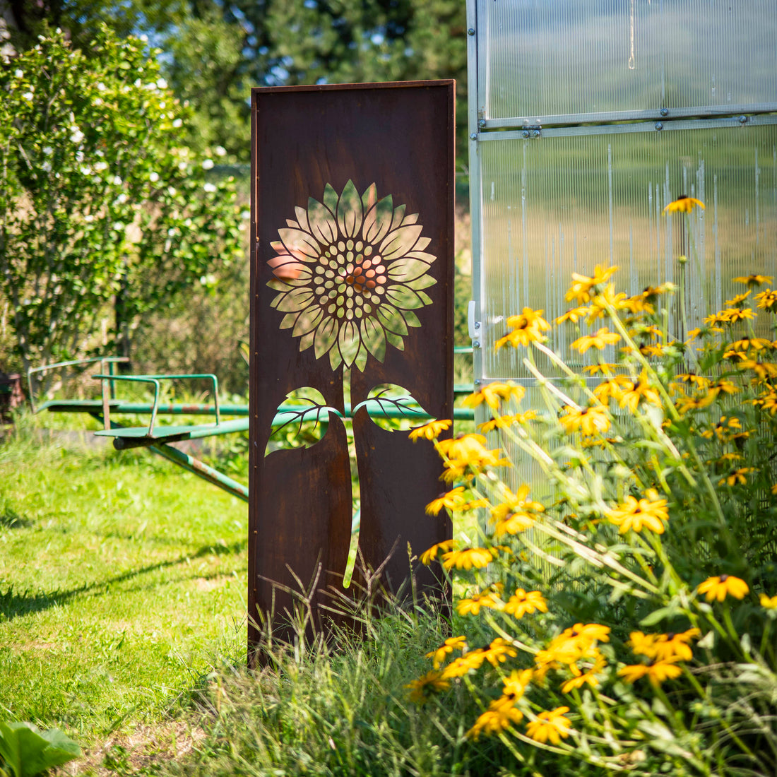 Panel ogrodowy Corten - Parawan ze słonecznikiem - 160 x 50 cm