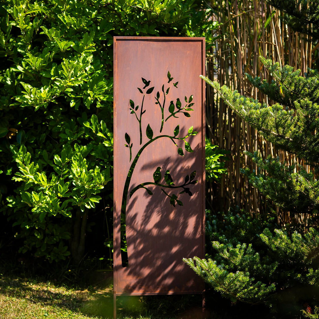 Panel ogrodowy Corten - Parawan z ptakami na drzewie 160 x 50 cm