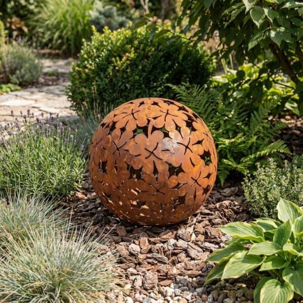 Metalowa Kula Ogrodowa z Wzorem Pięciolistnej Koniczyny - Rdzewiona Stalowa, 3 rozmiary - Kapaga