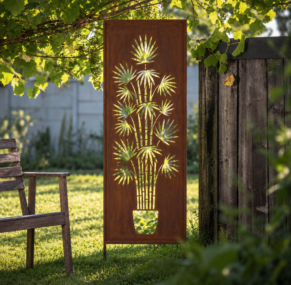 Panel ogrodowy Corten - Parawan z bambusem w donicy - (wersja wysoka) - 160 x 50 cm