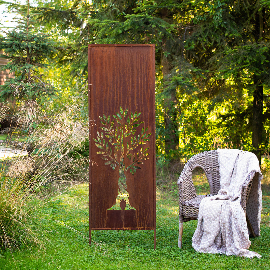 Panel ogrodowy Corten - Parawan z drzewkiem oliwkowym - 160 x 50 cm