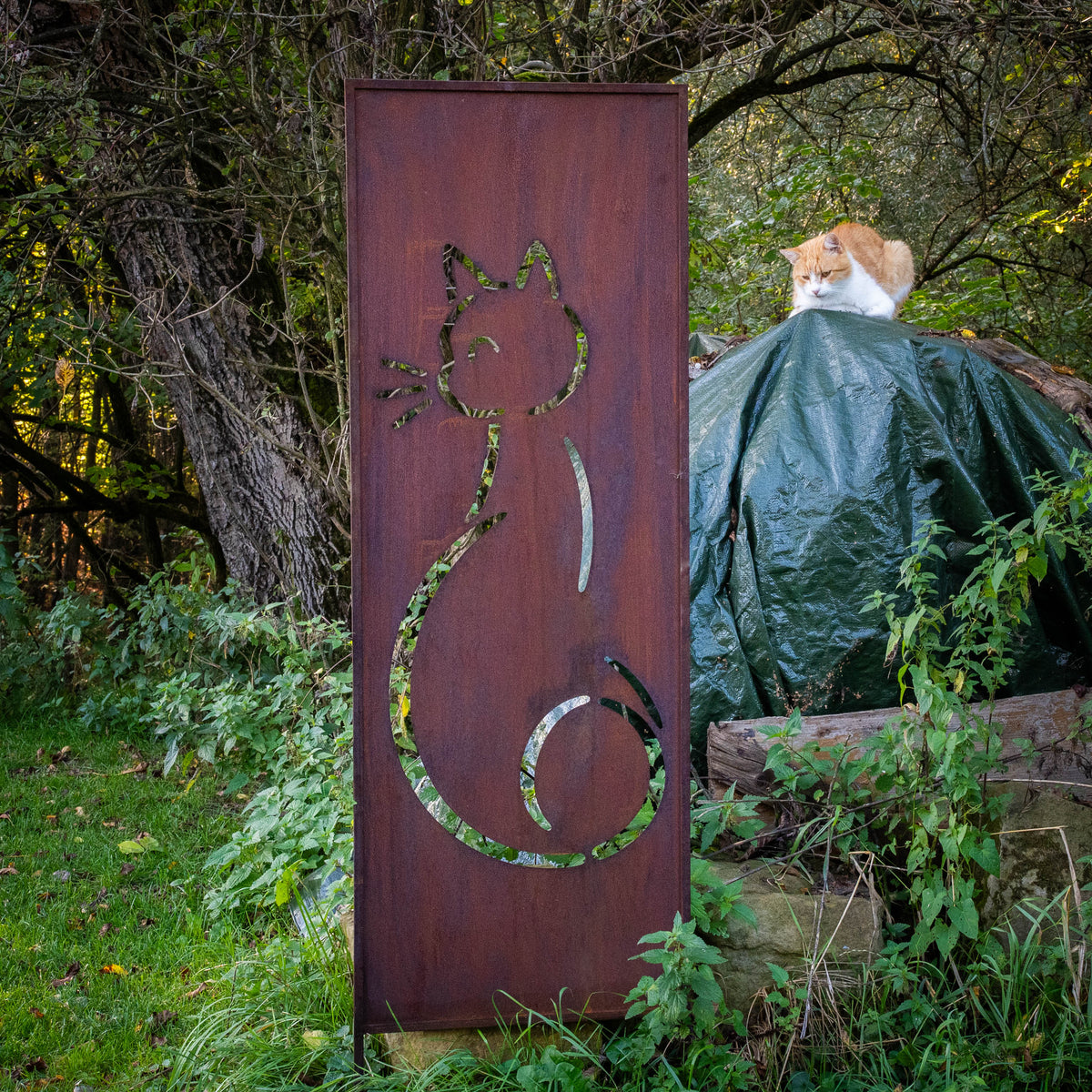Panel ogrodowy Corten - Parawan z kotem - 160 x 50 cm