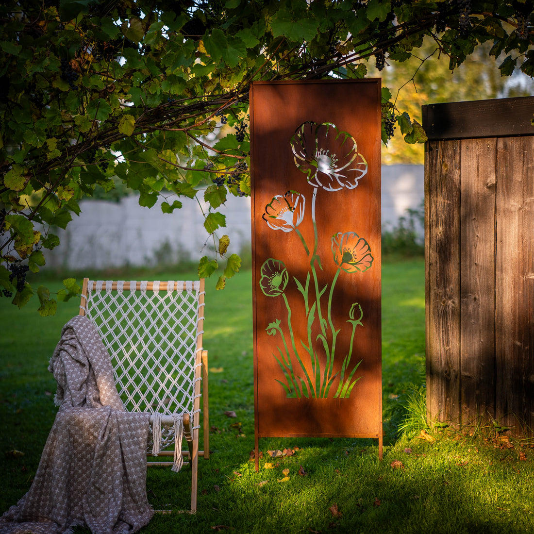 Panel ogrodowy Corten - Parawan z makami - 160 x 50 cm