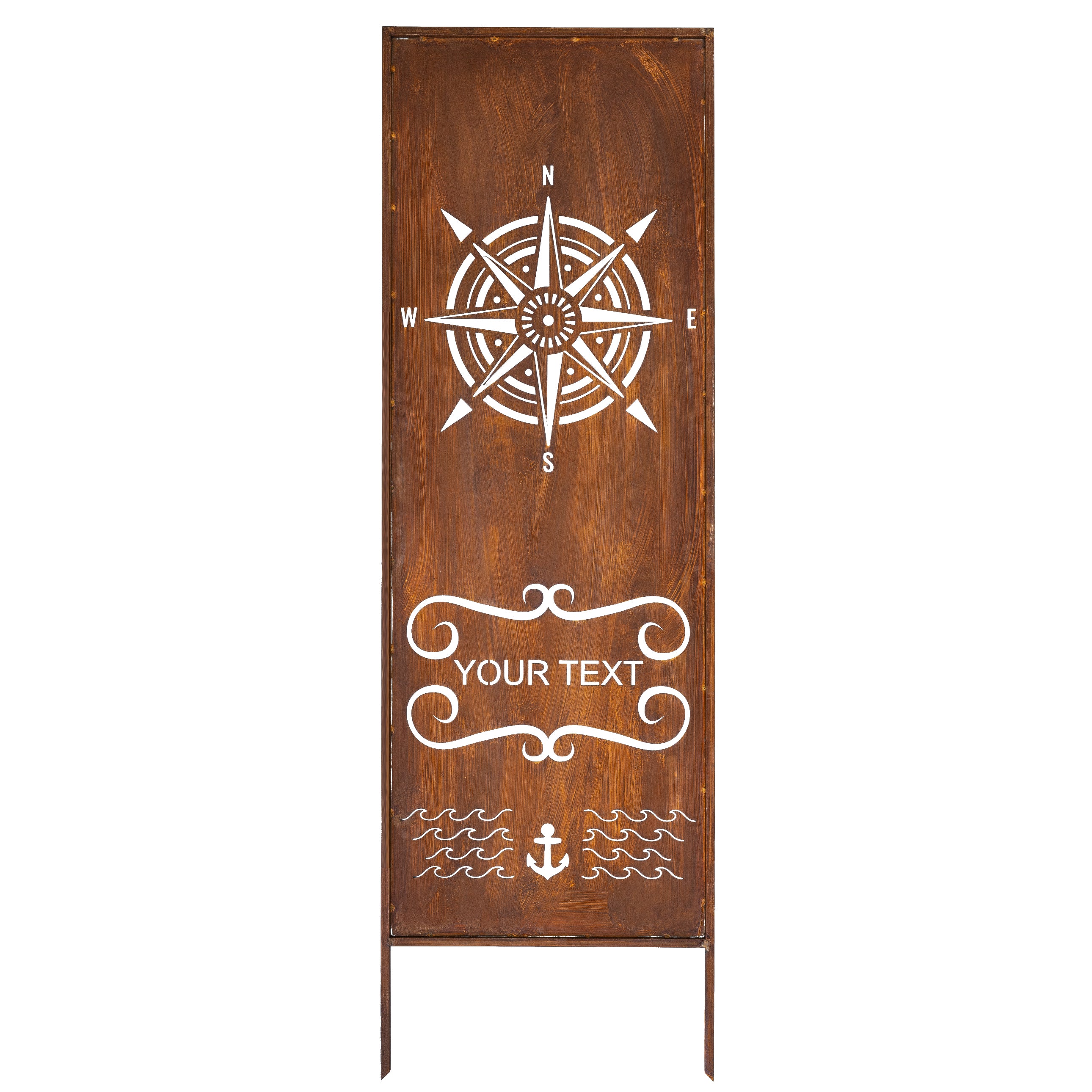 Panel ogrodowy Corten - Parawan z różą wiatrów i personalizowanym napisem 160 x 50 cm