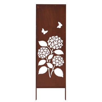 Panel ogrodowy Corten - Parawan z hortensjami z motylami - 160 x 50 cm
