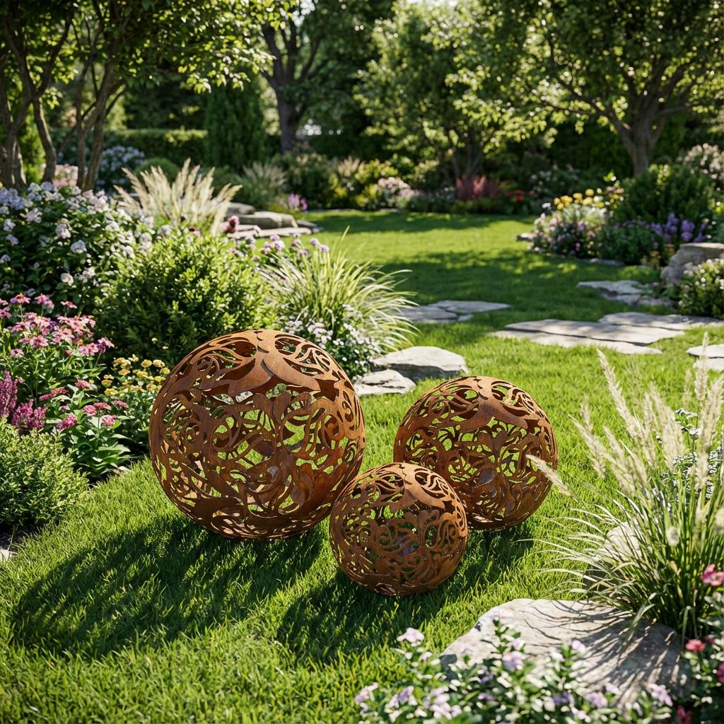 Dekoracyjna Kula Ogrodowa z Wzorem Kwiatów Róży - Rdzewiona Stal, 3 rozmiary - zdjęcie 17 - Kapaga