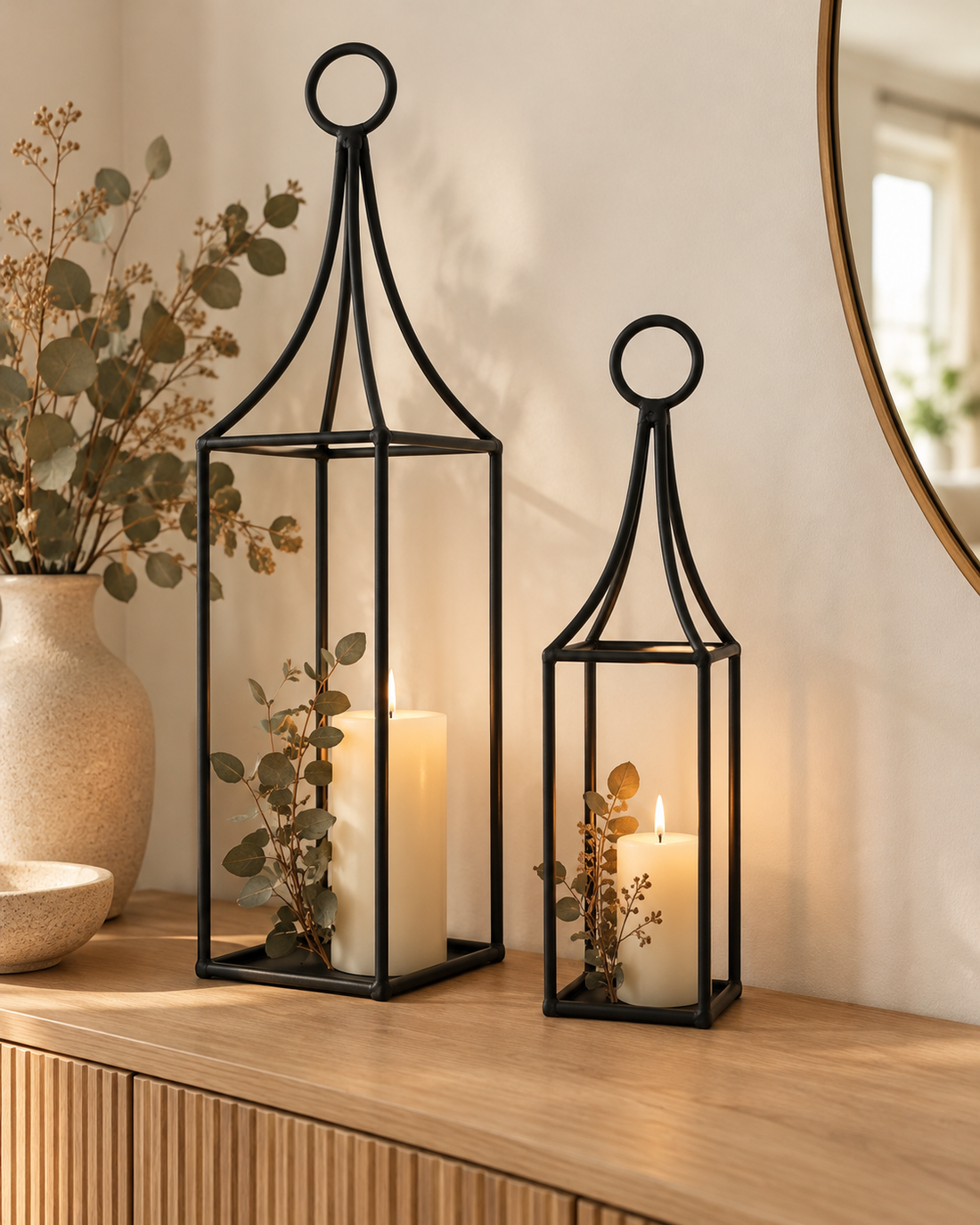 Komplet metalowych latarni dekoracyjnych – czarne, 80 i 60 cm