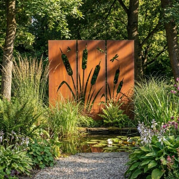 Zestaw 3 paneli dekoracyjnych z tatarakami i ważkami - metalowa ozdoba do ogrodu i na ogrodzenie - Kapaga