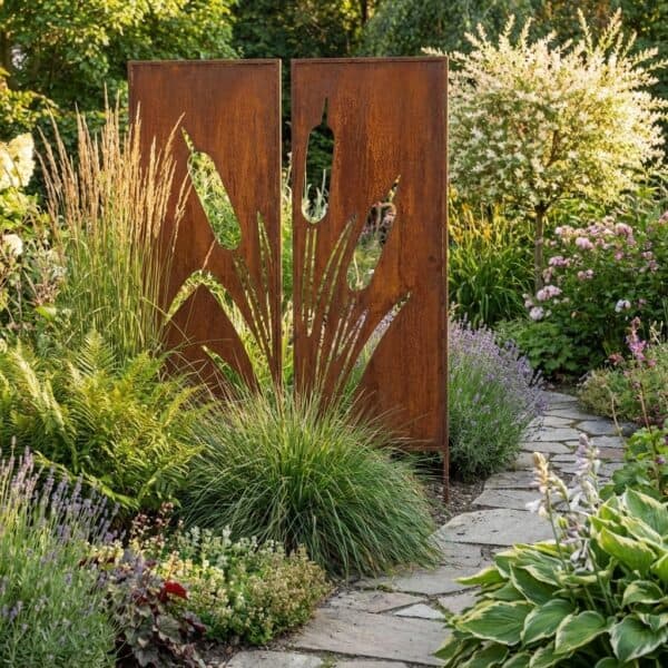 Zestaw 2 paneli dekoracyjnych z tatarakami wodnymi - metalowa ozdoba do ogrodu i na ogrodzenie - Kapaga