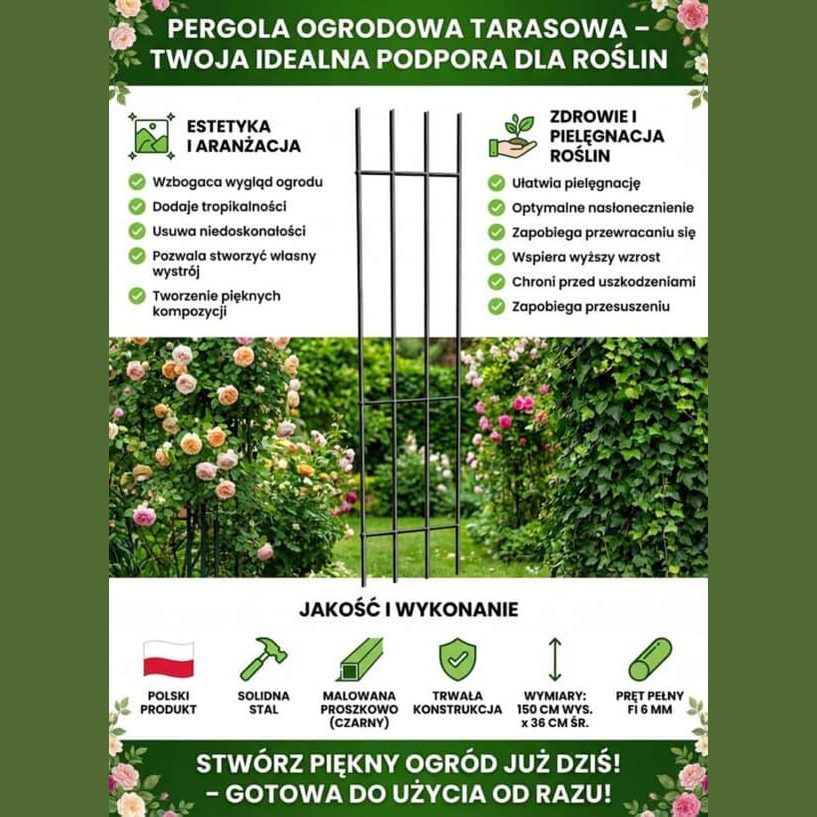 Czarna Metalowa Kratka do Roślin Pnących 150 cm - Zestaw 3 Sztuk, Róży, Winogrono - zdjęcie 4 - Kapaga