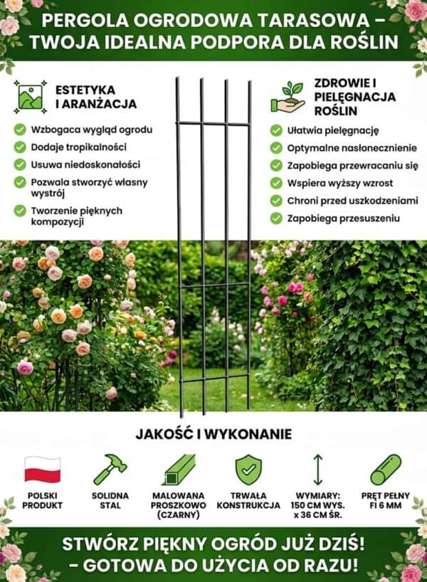 Metalowa Kratka Drabinka Do Roślin Pnących 150 cm - Czarna Podpora dla Róż i Kwiatów - zdjęcie 2 - Kapaga