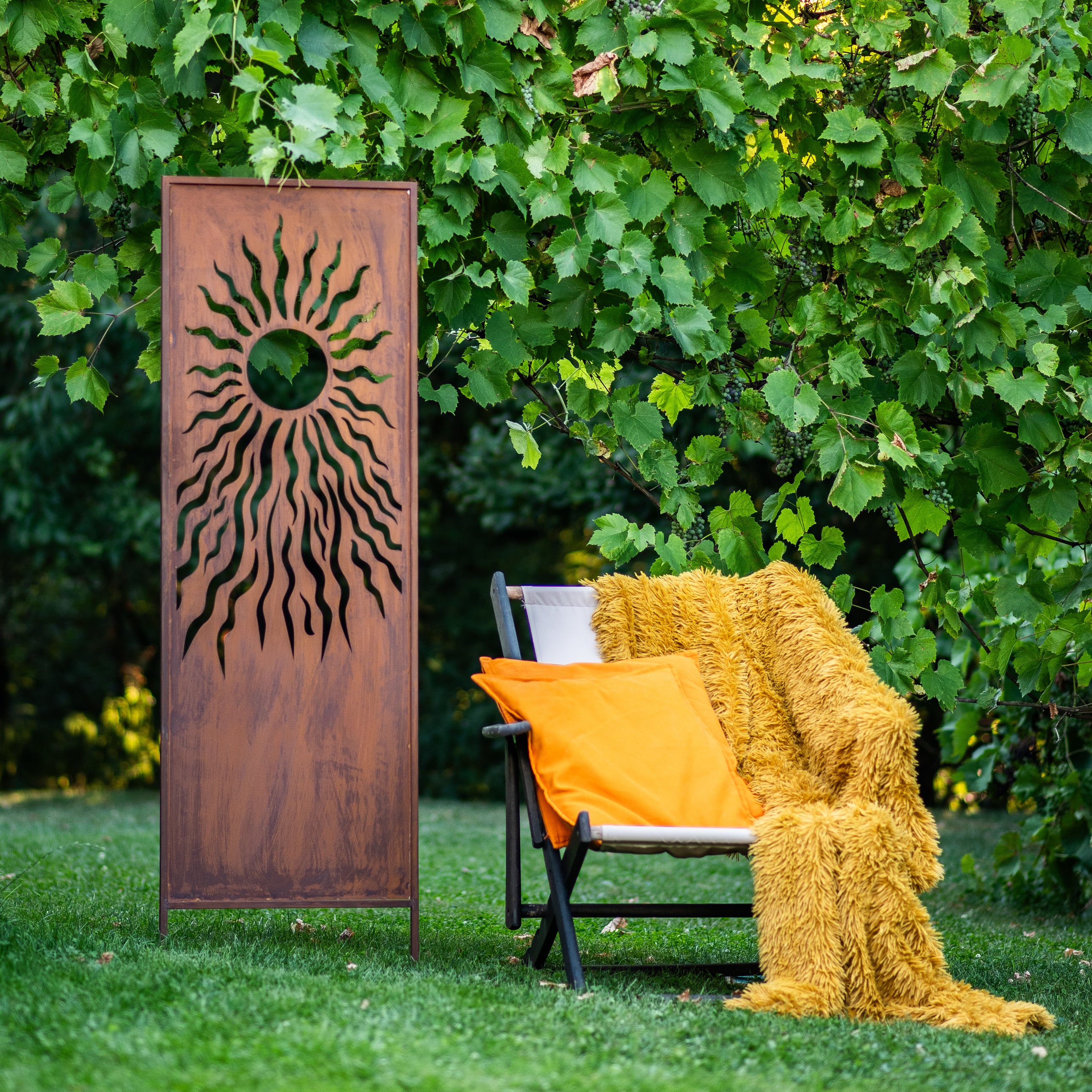 Panel ogrodowy Corten - Parawan z słońcem - 160 x 50 cm