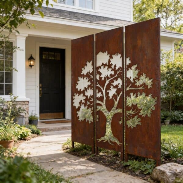 Zestaw 3 paneli dekoracyjnych „Duże Drzewo” - metalowa ozdoba do ogrodu i na ogrodzenie - Kapaga