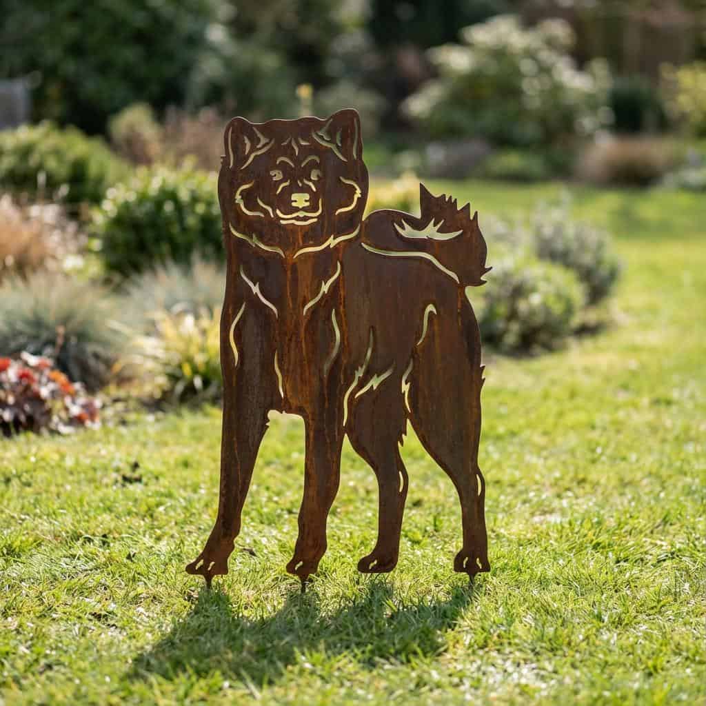 Sylwetka psa z naturalnej rdzy - Akita - Pies figurka ozdobna