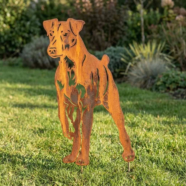Sylwetka psa z naturalnej rdzy - Jagdterrier - Pies figurka ozdobna