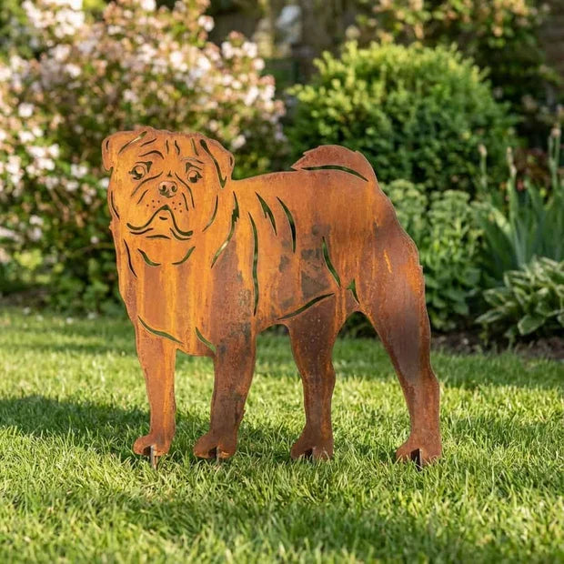 Sylwetka psa z naturalnej rdzy - Mops - Pies figurka ozdobna - Różne wzory