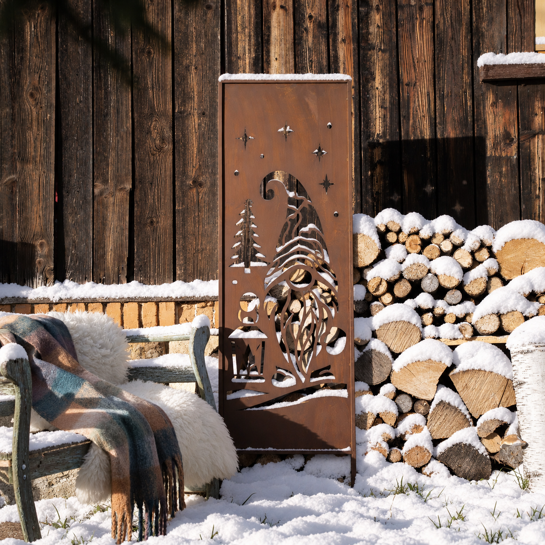 Panel ogrodowy Corten - Parawan ze świątecznym skrzatem - 160 x 50 cm
