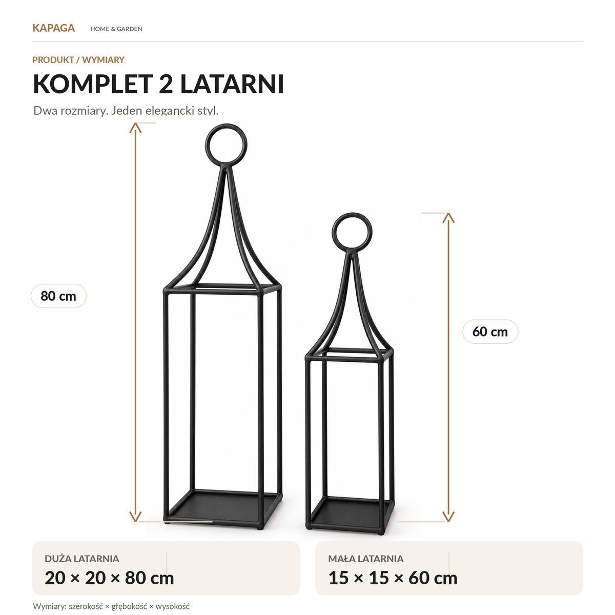 Komplet metalowych latarni dekoracyjnych – czarne, 80 i 60 cm