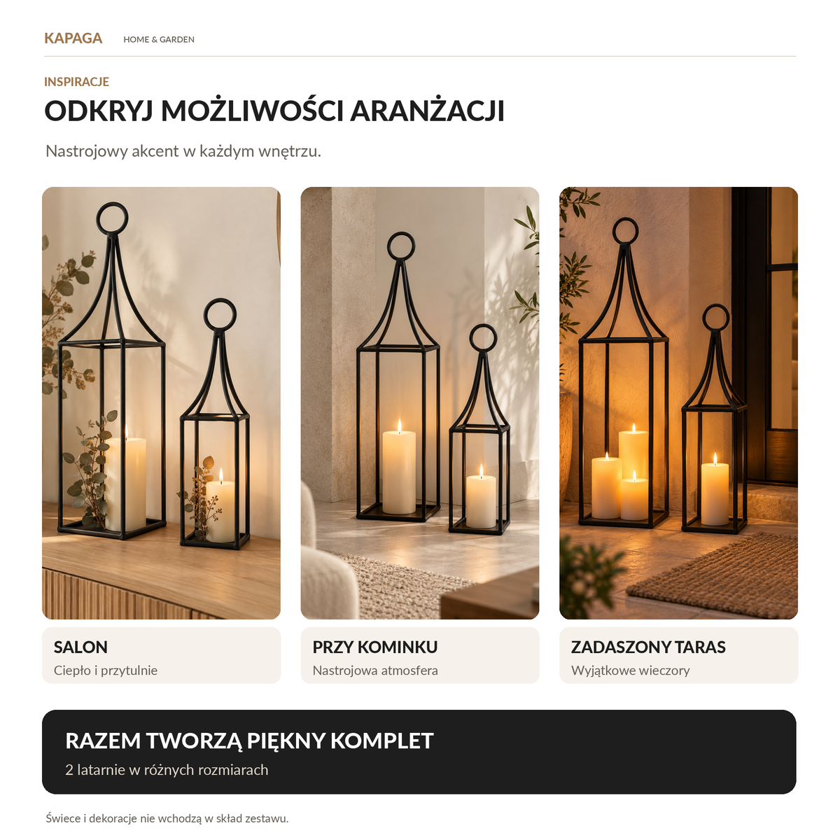 Komplet metalowych latarni dekoracyjnych – czarne, 80 i 60 cm