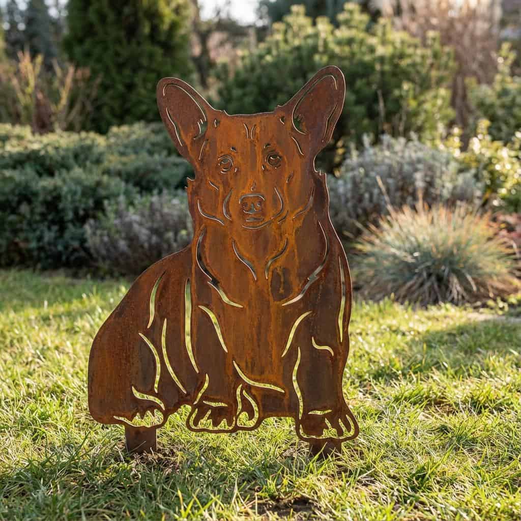 Sylwetka psa z naturalnej rdzy - Welsh Corgi - Pies figurka ozdobna - Różne wzory