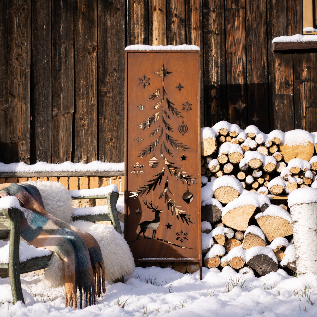Panel ogrodowy Corten - Parawan z choinką i jeleniem - 160 x 50 cm