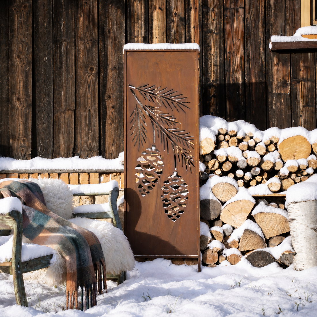 Panel ogrodowy Corten - Parawan z gałązka z szyszkami - 160 x 50 cm