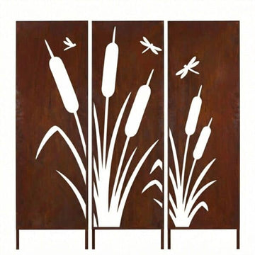 Zestaw 3 paneli dekoracyjnych z tatarakami i ważkami - metalowa ozdoba do ogrodu i na ogrodzenie - Kapaga