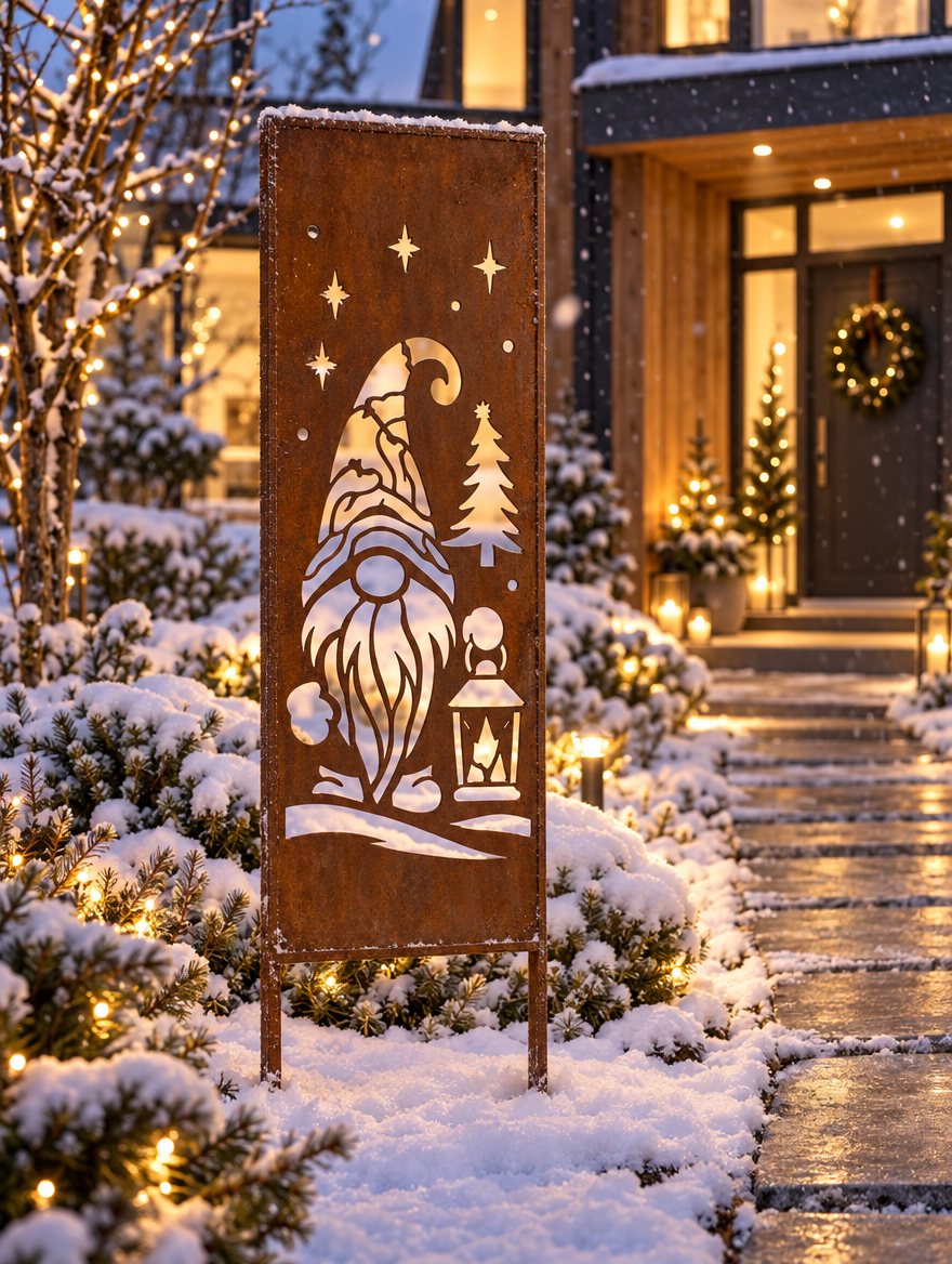 Panel ogrodowy Corten - Parawan ze świątecznym skrzatem - 160 x 50 cm