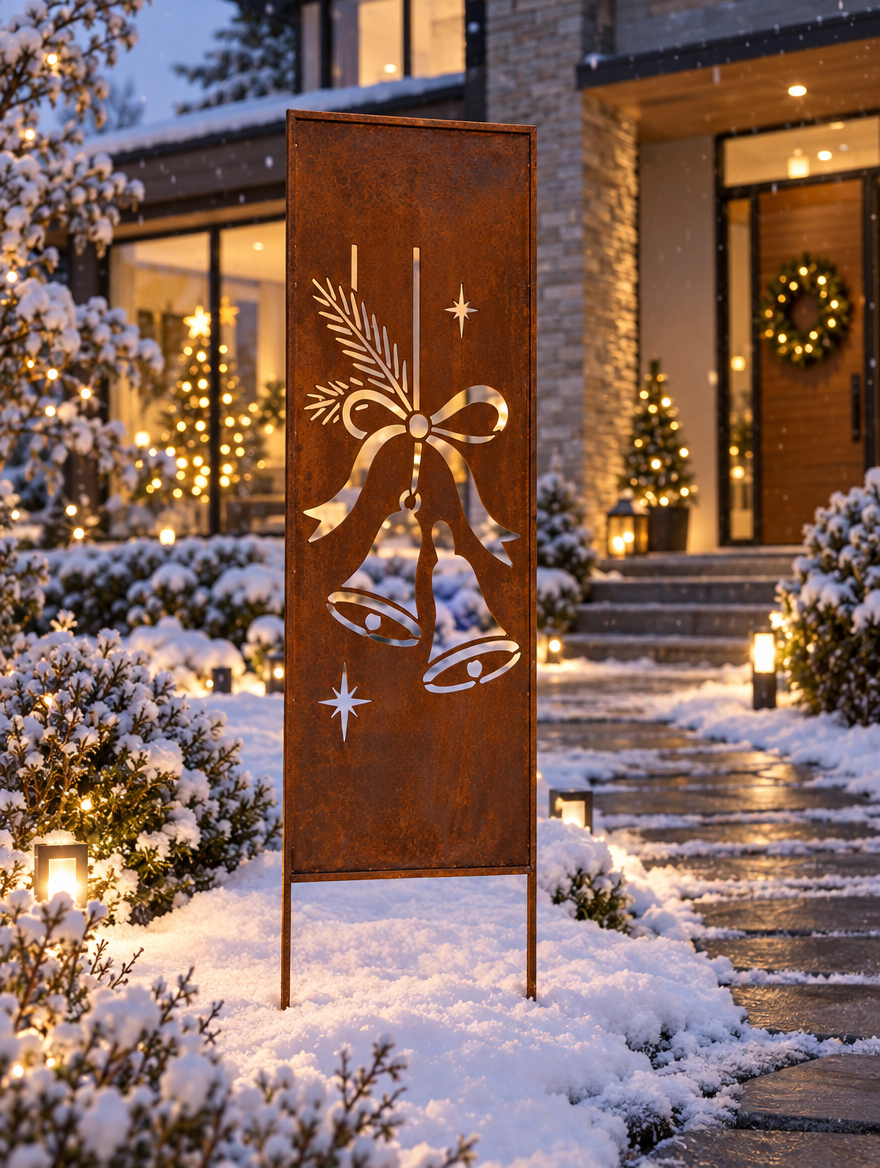 Panel ogrodowy Corten - Parawan ze świątecznymi dzwonkami - 160 x 50 cm