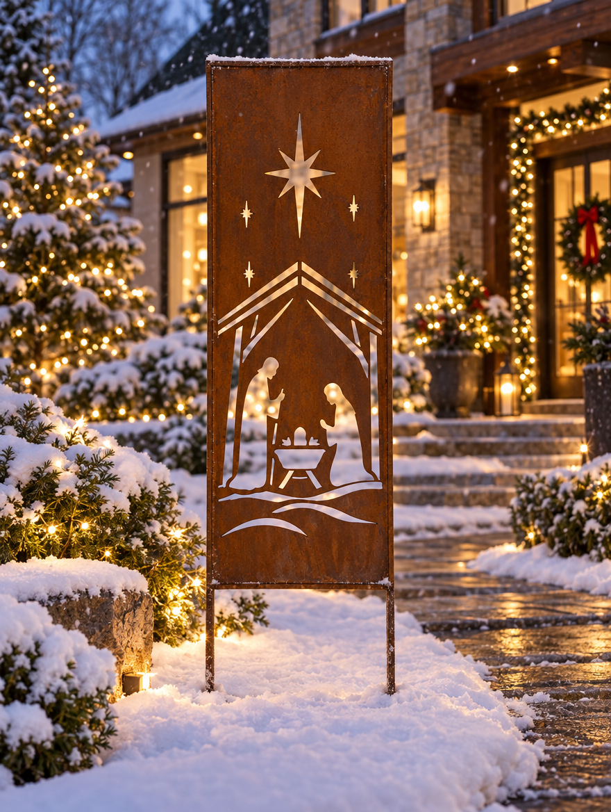 Panel ogrodowy Corten - Parawan z szopką betlejemską - 160 x 50 cm