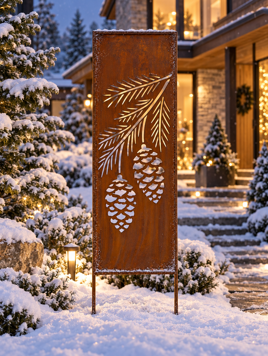 Panel ogrodowy Corten - Parawan z gałązka z szyszkami - 160 x 50 cm