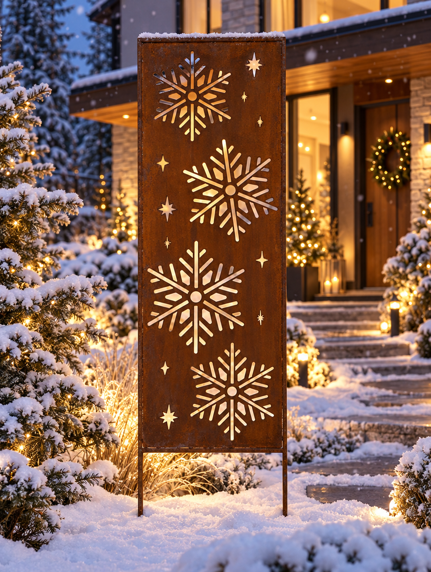 Panel ogrodowy Corten - Parawan ze śnieżynkami - 160 x 50 cm